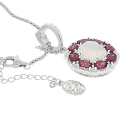Elegantly designed oval white opal sterling silver pendant with sparkling gemstone accents.