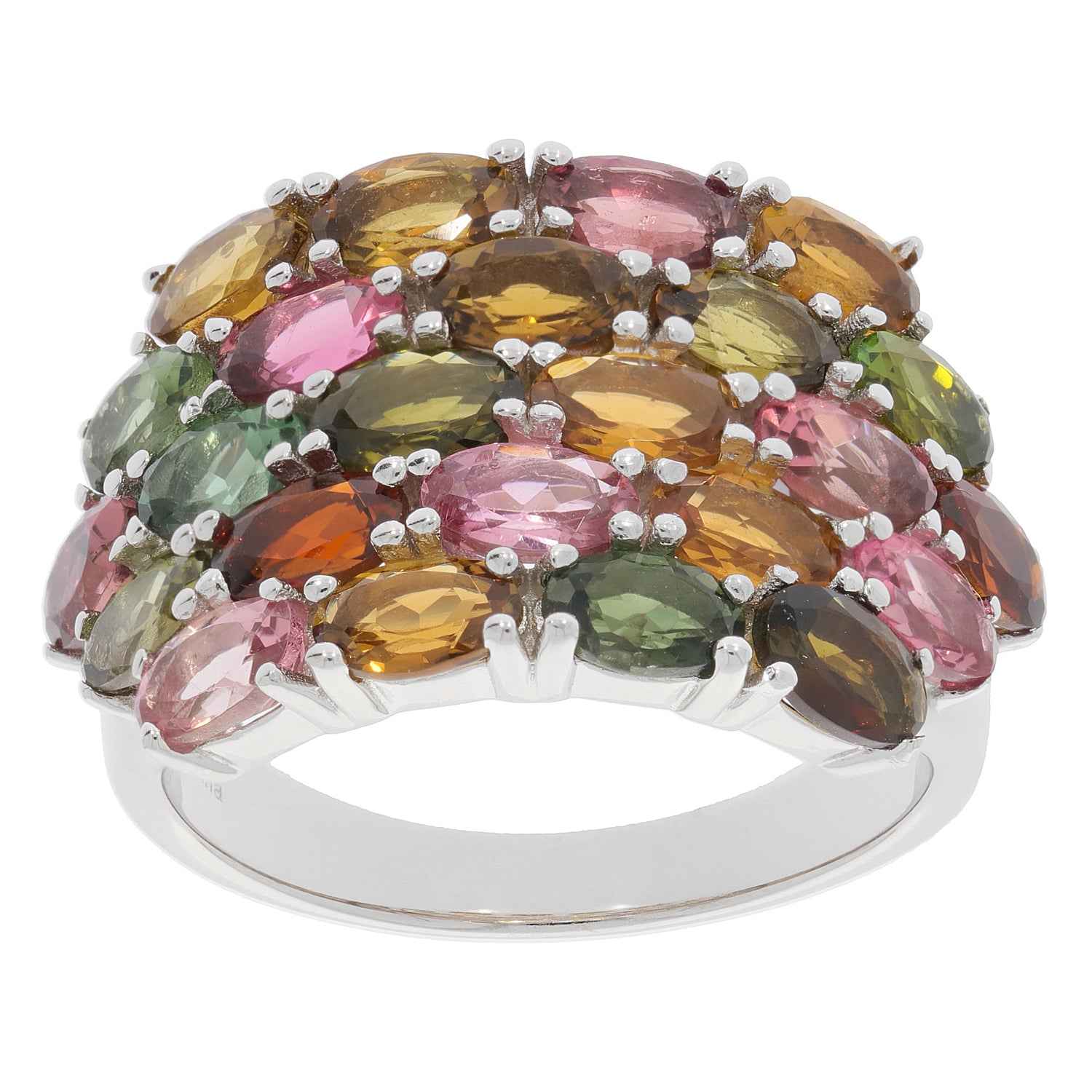 Multiple color tourmaline sterling silver ring with sparkling gemstones for elegant style.