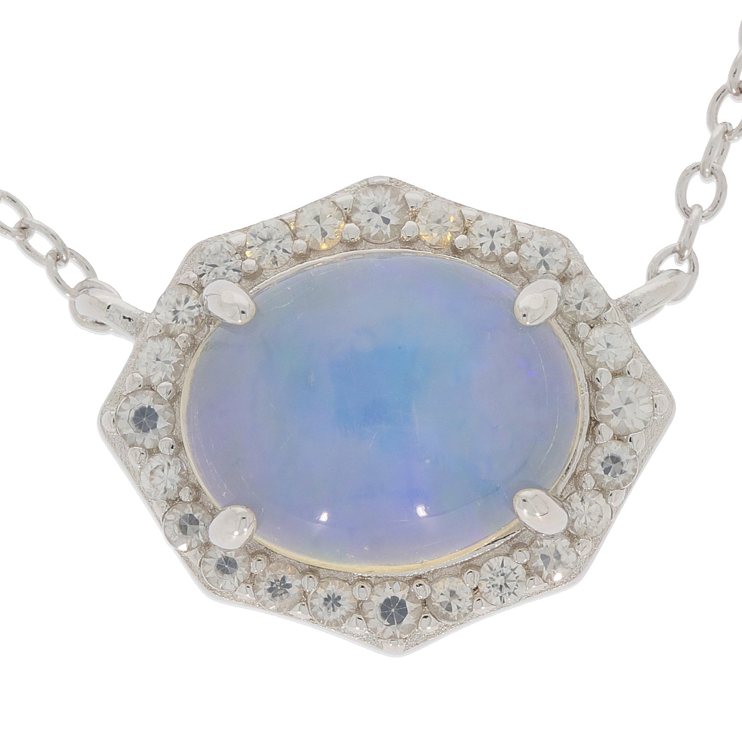 Elegant White Opal pendant necklace set in sterling silver with sparkling accents. A timeless piece of luxury jewelry.