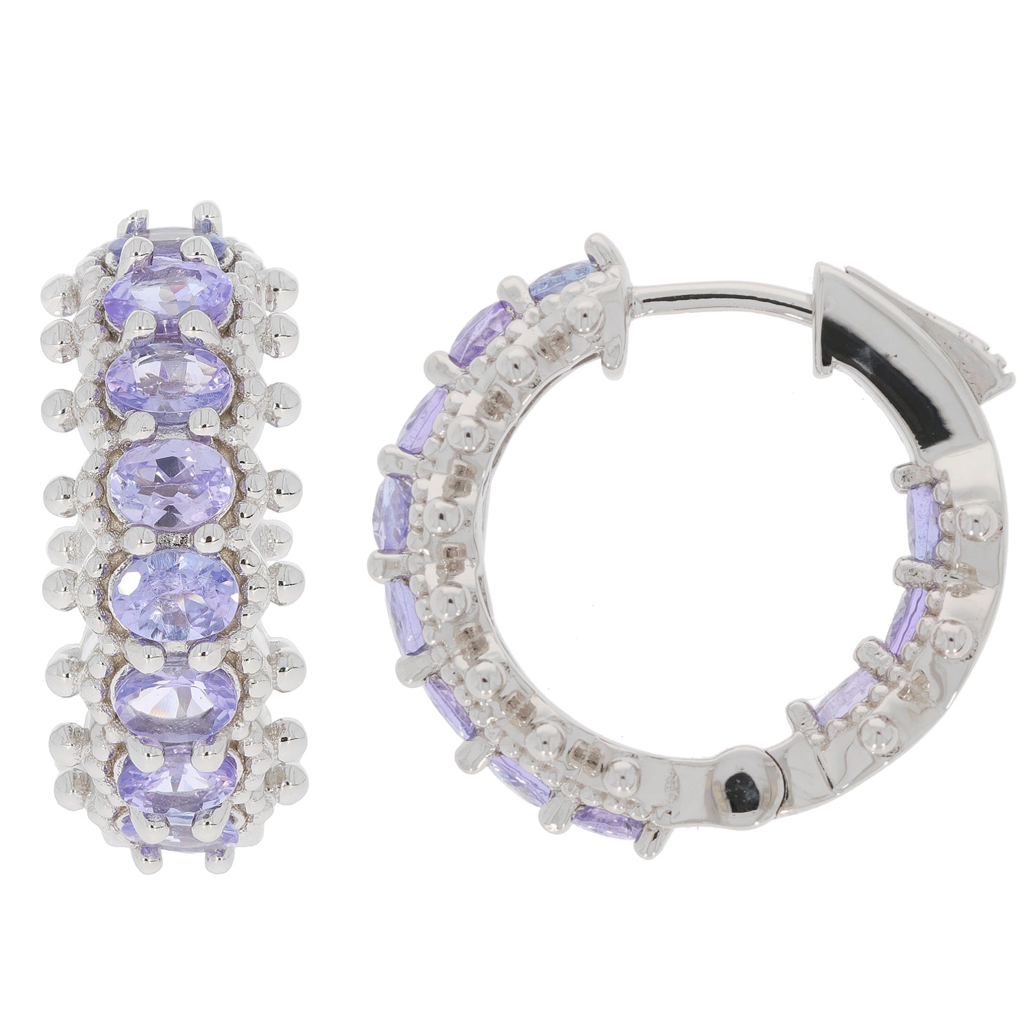 Elegant oval purple sapphire sterling silver earrings, featuring sparkling gemstones and a chic hoop design.