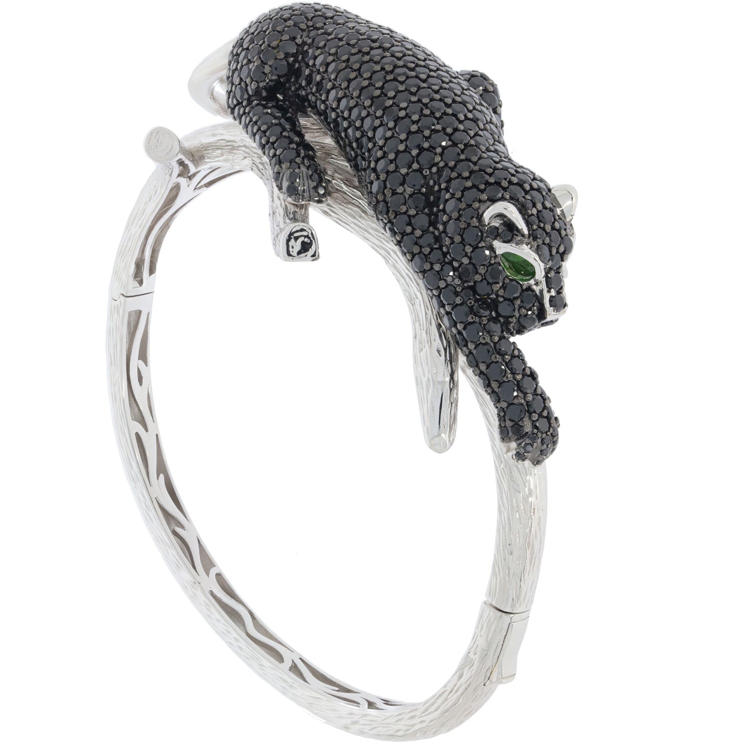 Black Panther Bracelet in Sterling Silver with Sparkling Gemstone Accents and Intricate Design