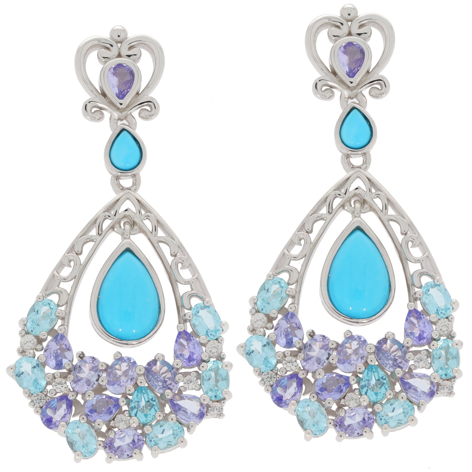 Elegant Pear Blue Turquoise sterling silver earrings with Topaz accents and intricate design.