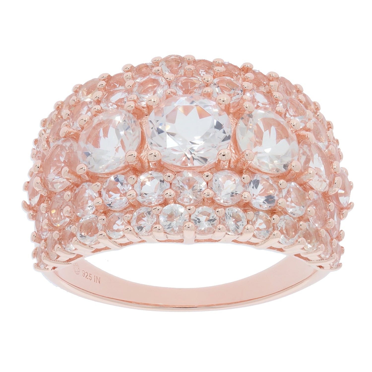 Rose gold ring with sparkling clear gemstones, featuring a round design and intricate details, perfect for elegant occasions.