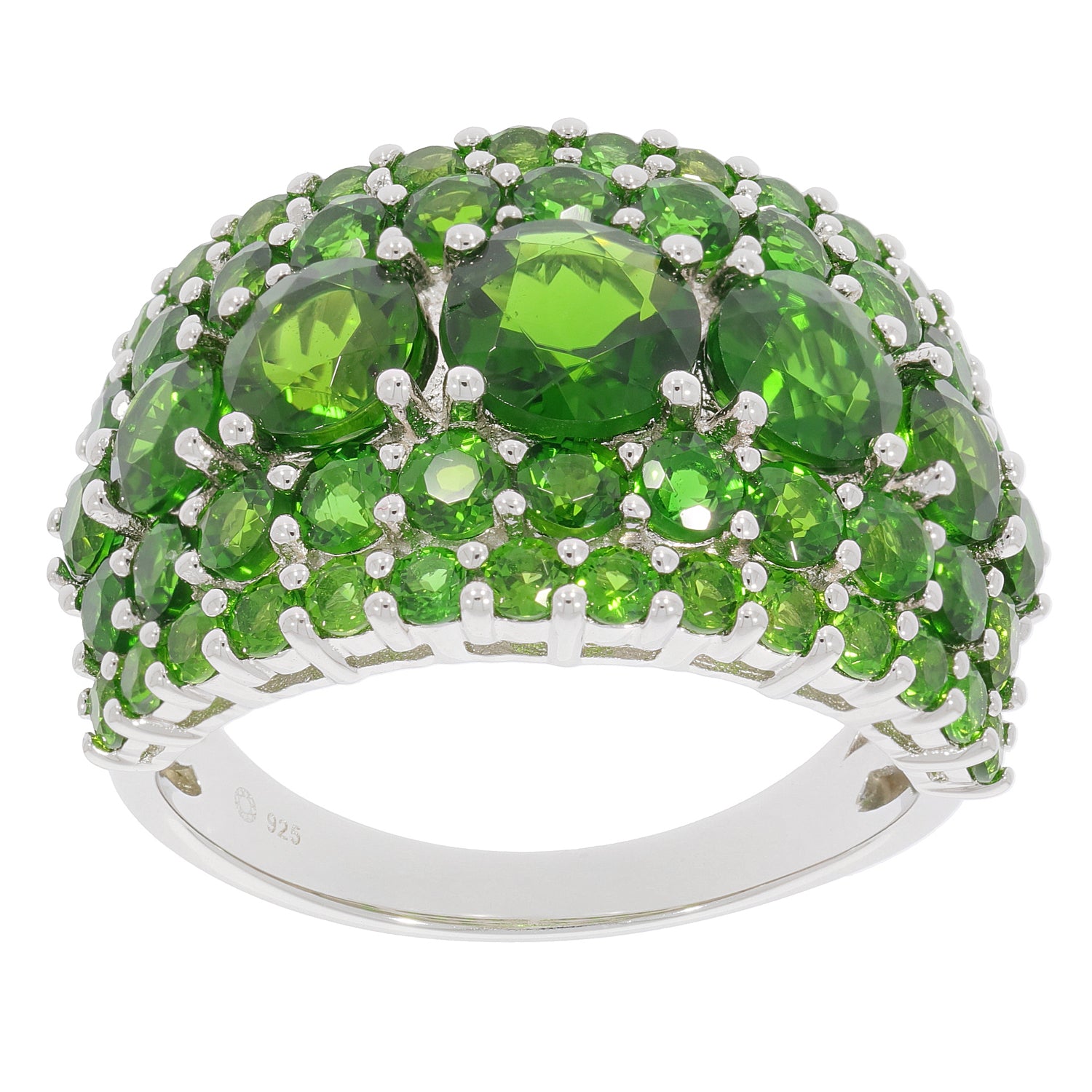 Green Chrome Diopside sterling silver ring featuring multiple sparkling green gemstones in an elegant setting.