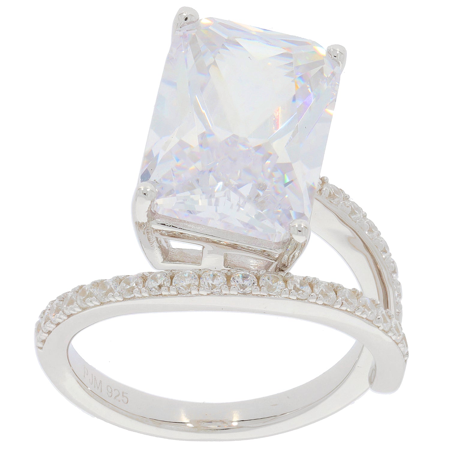 Emerald white moissanite sterling silver ring with accent gemstones, showcasing elegance and luxury.