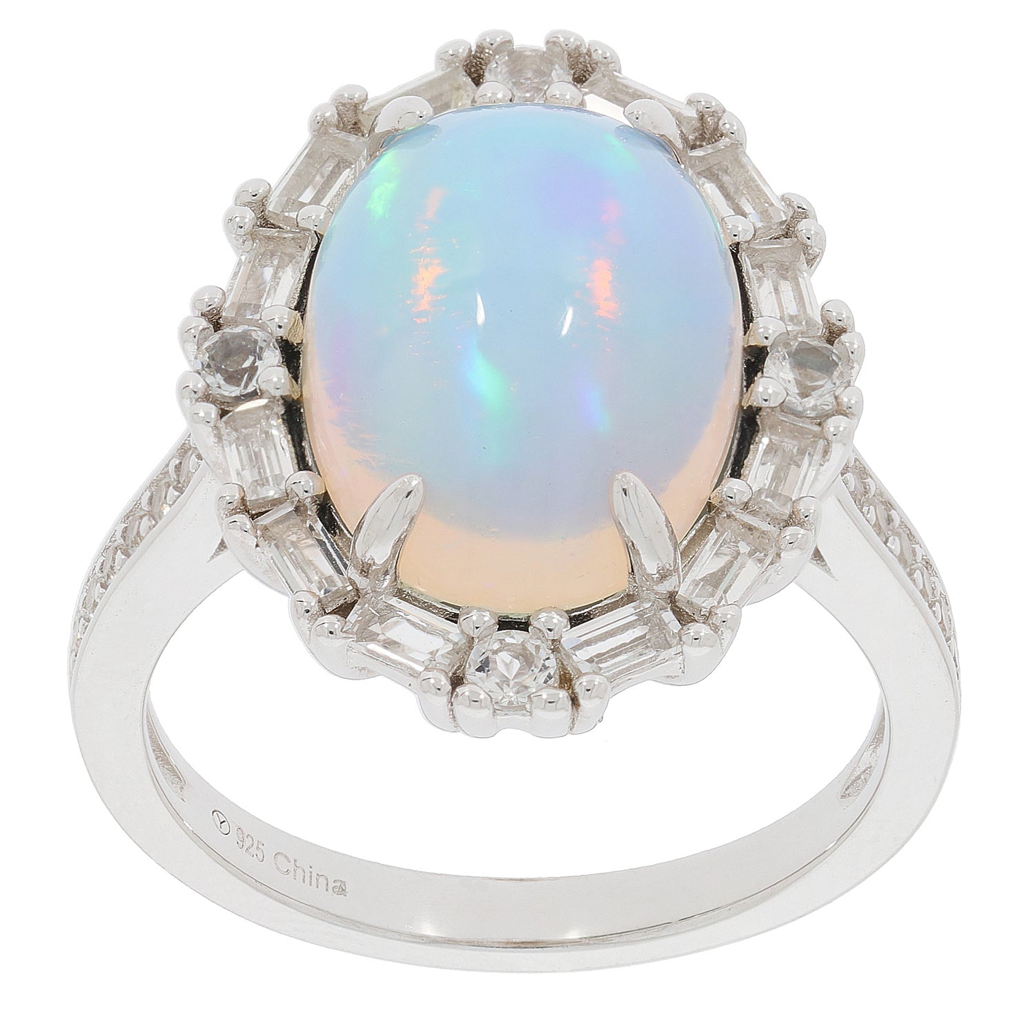 Oval white opal sterling silver ring with accent stones, showcasing elegant brilliance and timeless beauty.