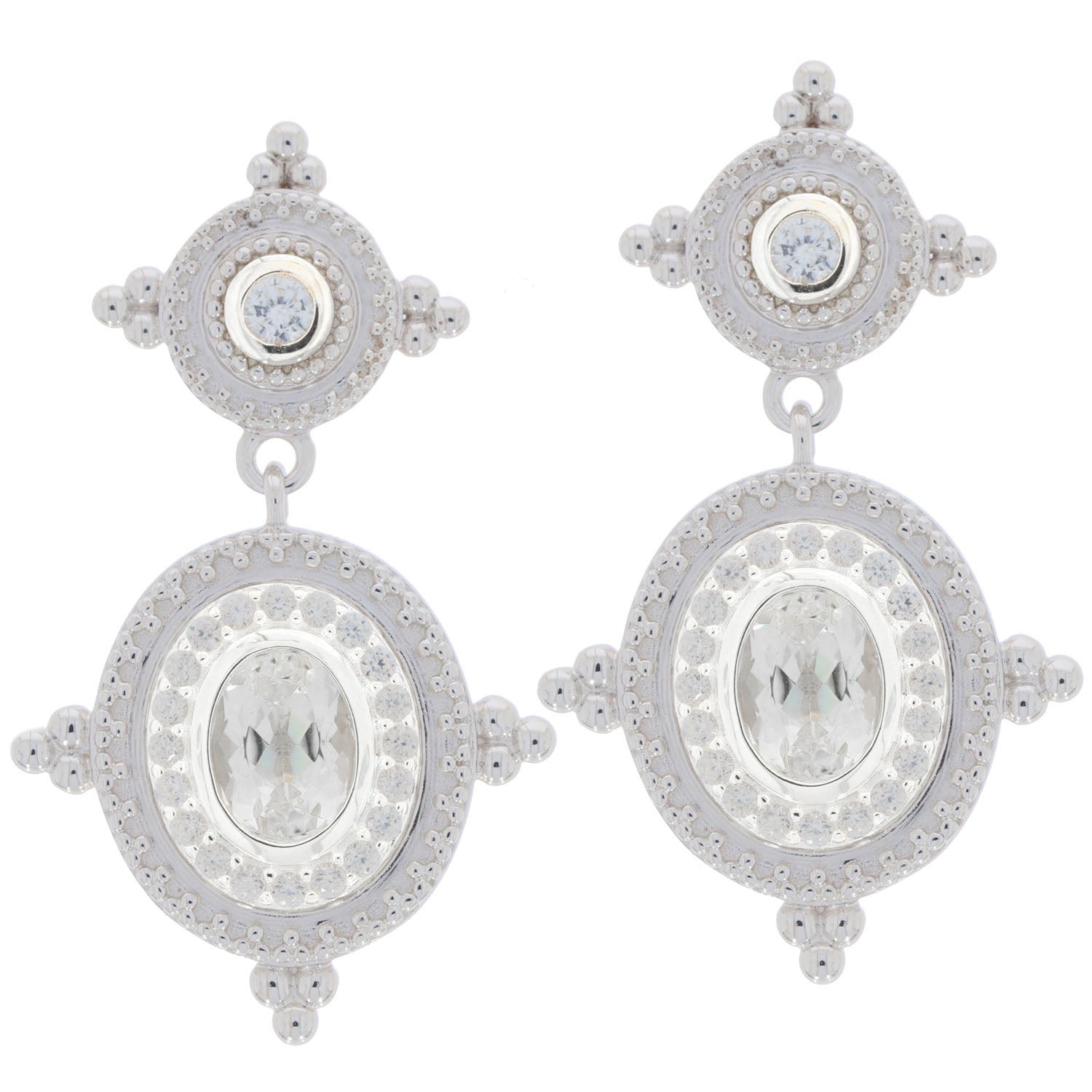 Oval white Moissanite sterling silver earrings with accent, featuring elegant design and sparkling gemstones.