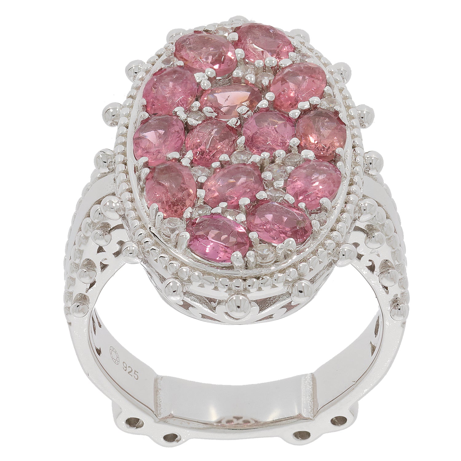 Pink sapphire sterling silver ring with intricate design and multiple sparkling gemstones, perfect for elegance.