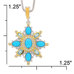 Oval blue turquoise sterling silver pendant with gold accents and sparkling gemstones, elegant statement jewelry.