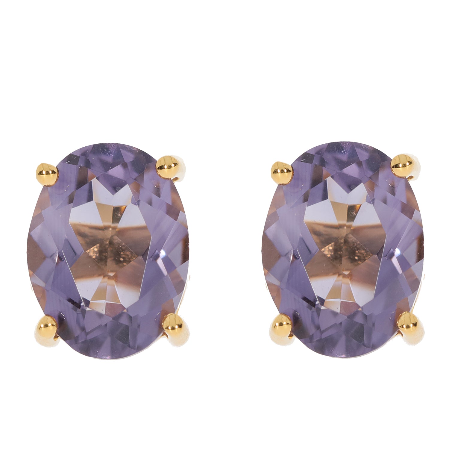 Oval purple sapphire earrings in sterling silver, showcasing brilliance and elegance with gold accents.