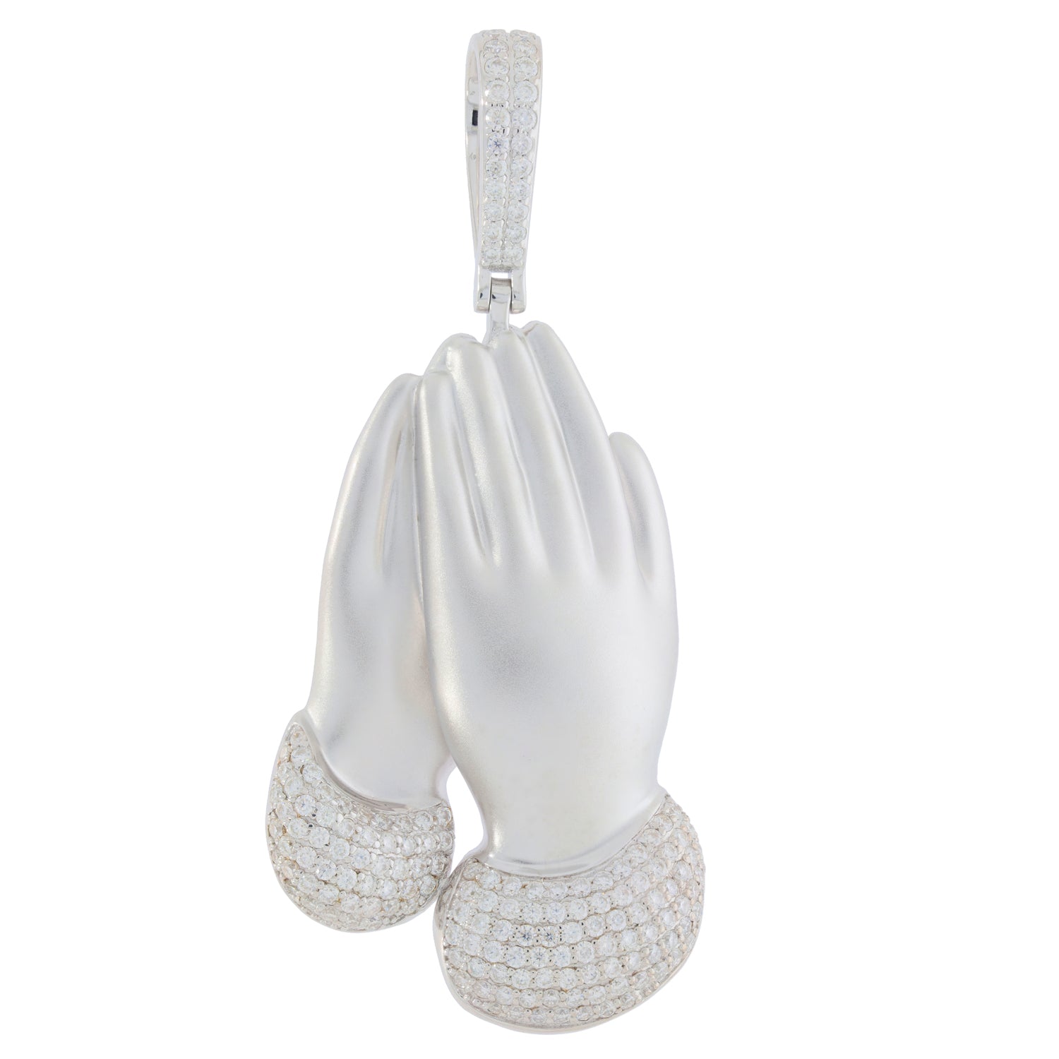 Elegant diamond-accented silver pendant in the shape of clasped hands, embodying luxury and style.