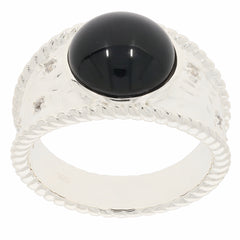 Stylish sterling silver ring featuring a polished black onyx gemstone, ideal for elegant fashion statements.