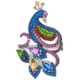 Colorful peacock design ring studded with multi-color gemstones in silver, showcasing elegance and artistry.
