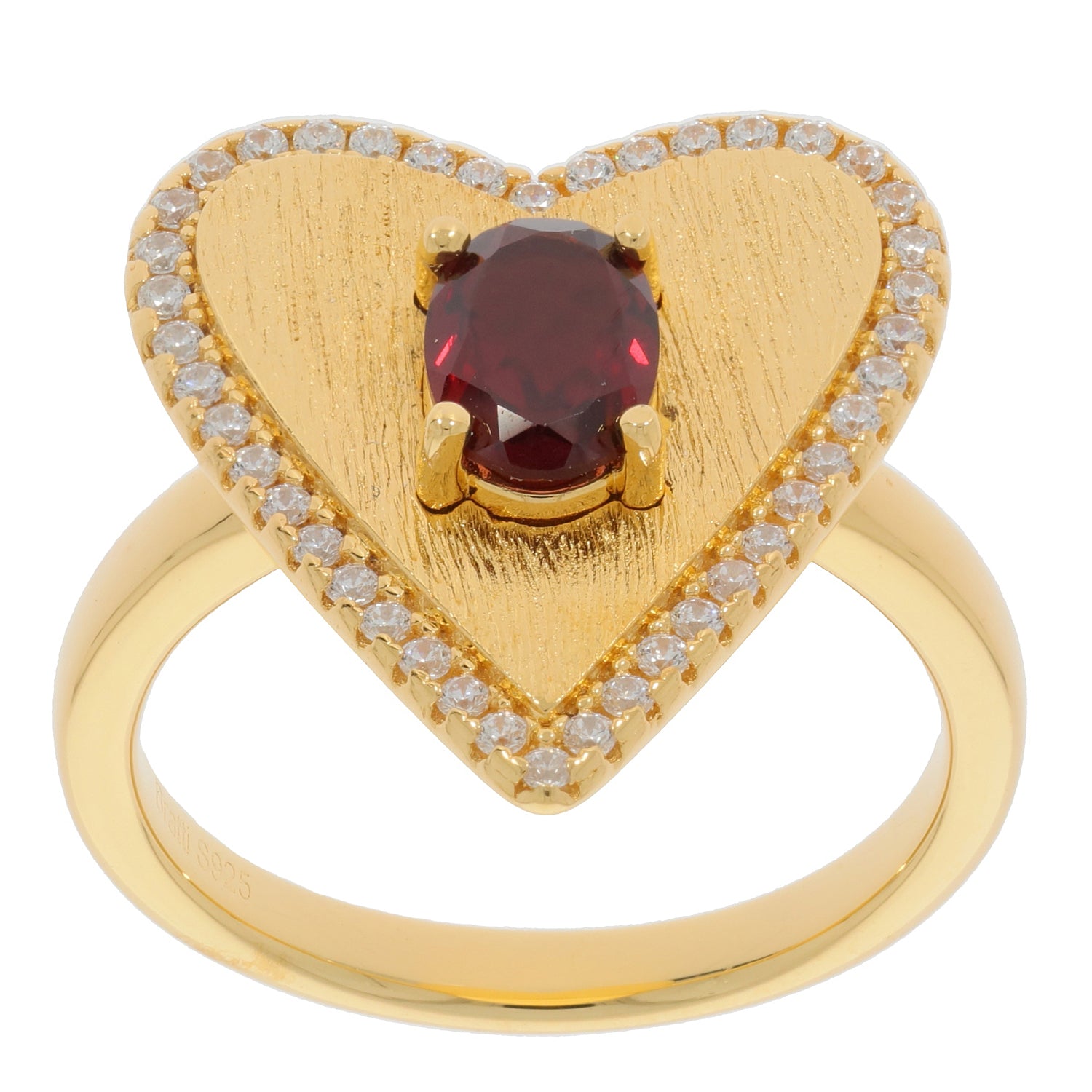 Heart-shaped gold ring featuring an oval red garnet center stone surrounded by sparkling accents.