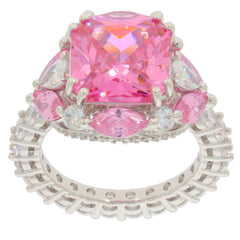 Round pink sapphire sterling silver ring with accent gemstones, showcasing elegance and luxury.