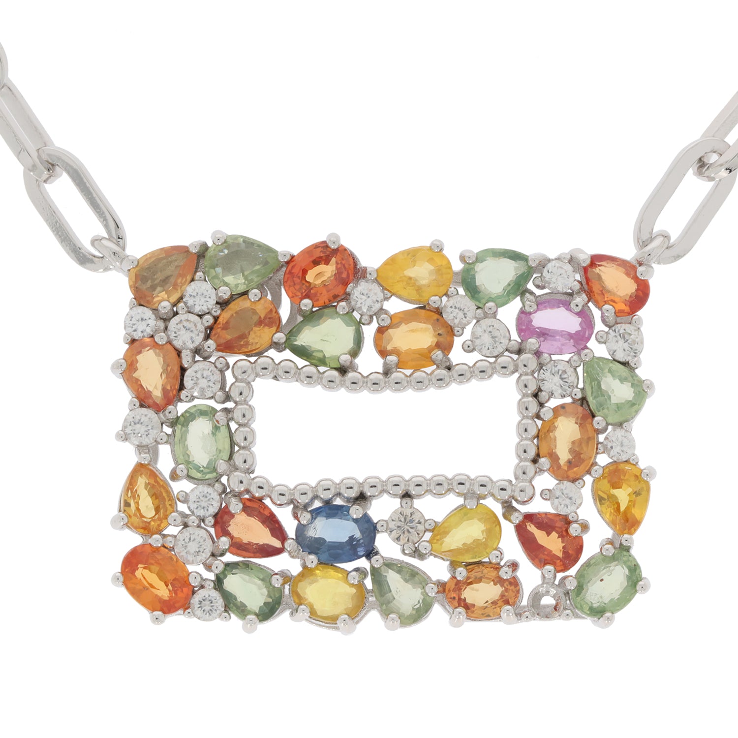 Oval multiple color sapphire sterling silver necklace featuring vibrant gemstones and elegant design.