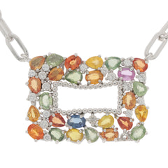 Oval multiple color sapphire sterling silver necklace featuring vibrant gemstones and elegant design.