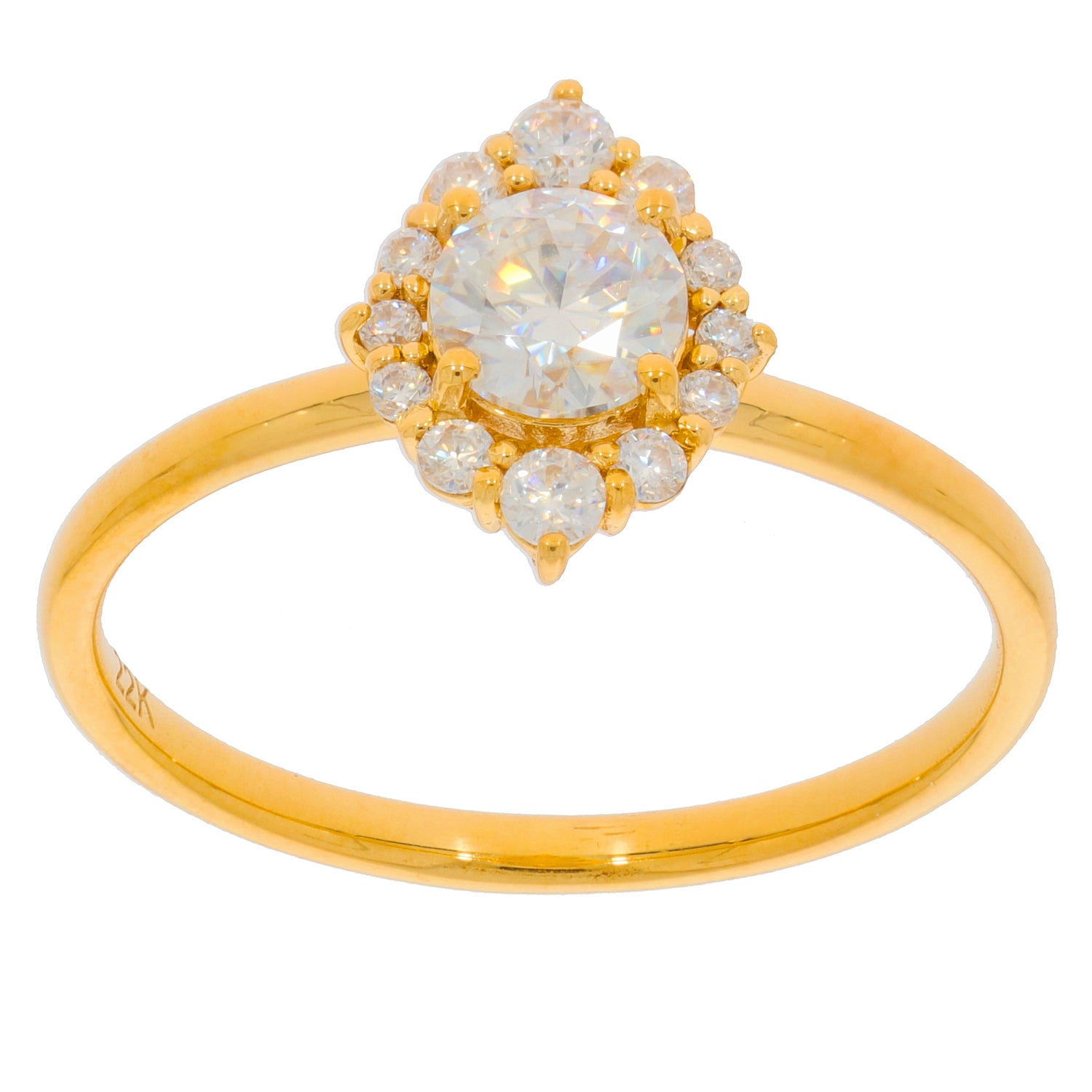 Elegant gold ring featuring a round central gemstone surrounded by smaller sparkling stones.