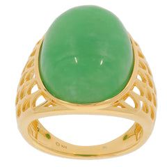 Oval green jadeite ring set in gold, featuring a polished gemstone and intricate lattice design, perfect for elegant styling.