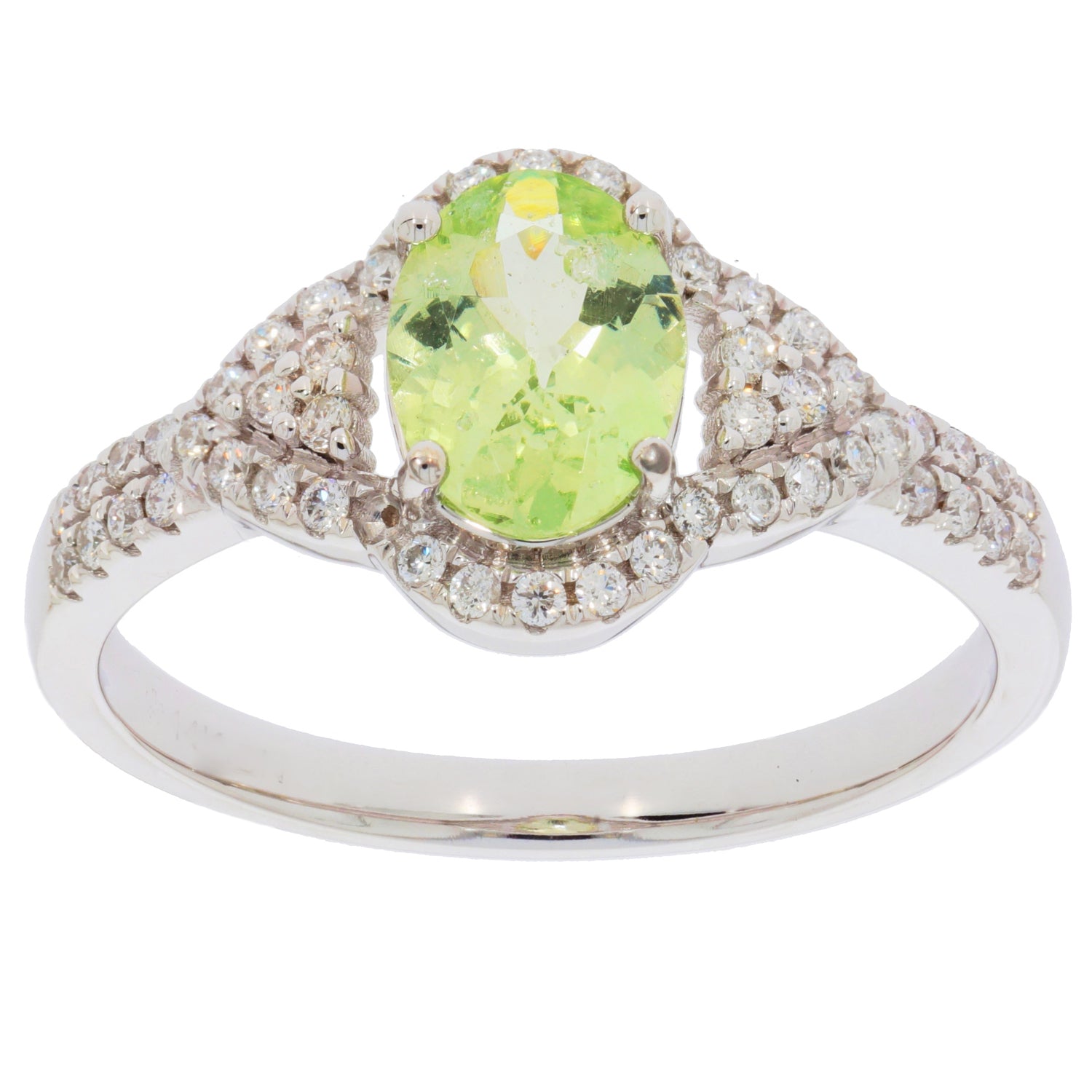 Green Peridot 14K White Gold Ring with Diamond Accent, elegant gemstone jewelry, luxurious style