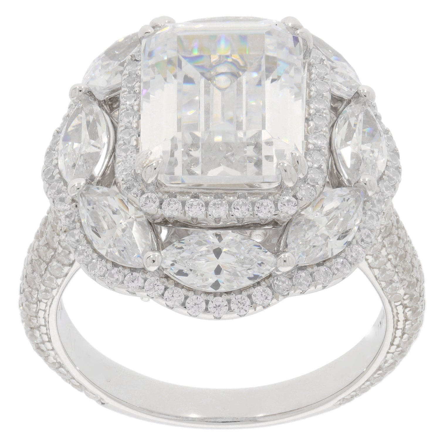 Emerald white Moissanite sterling silver ring with dazzling accent gemstones, perfect for elegant occasions.