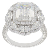 Emerald white Moissanite sterling silver ring with dazzling accent gemstones, perfect for elegant occasions.