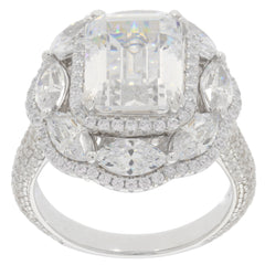 Emerald white Moissanite sterling silver ring with dazzling accent gemstones, perfect for elegant occasions.