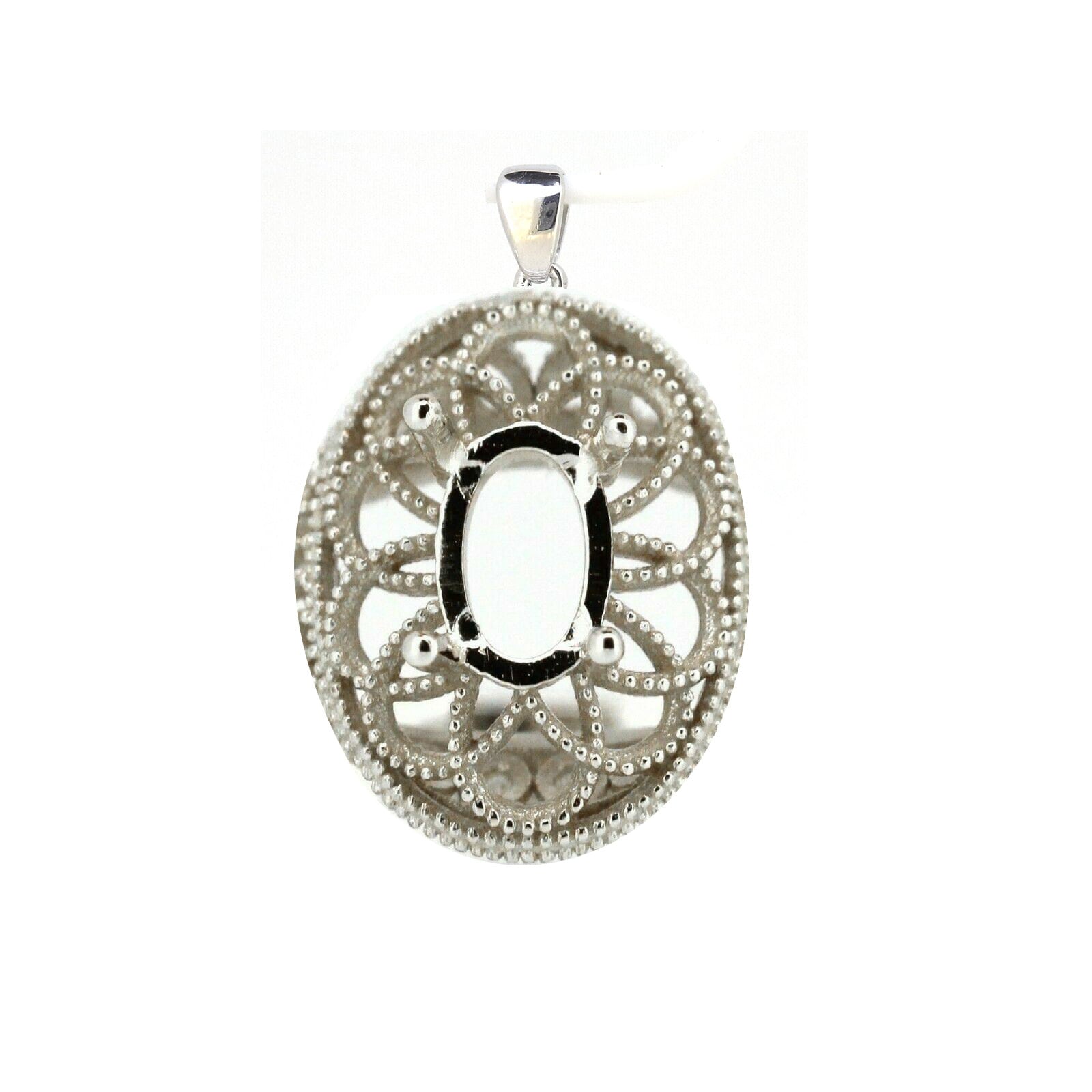 Custom Sterling Silver Semi Mount Pendant Setting Oval 6x4mm Art Deco Style jewelry design