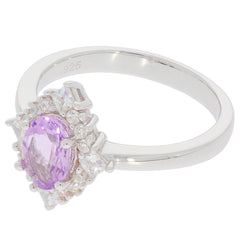 Oval purple amethyst sterling silver ring with moissanite accents, showcasing a dazzling gemstone in an elegant setting.