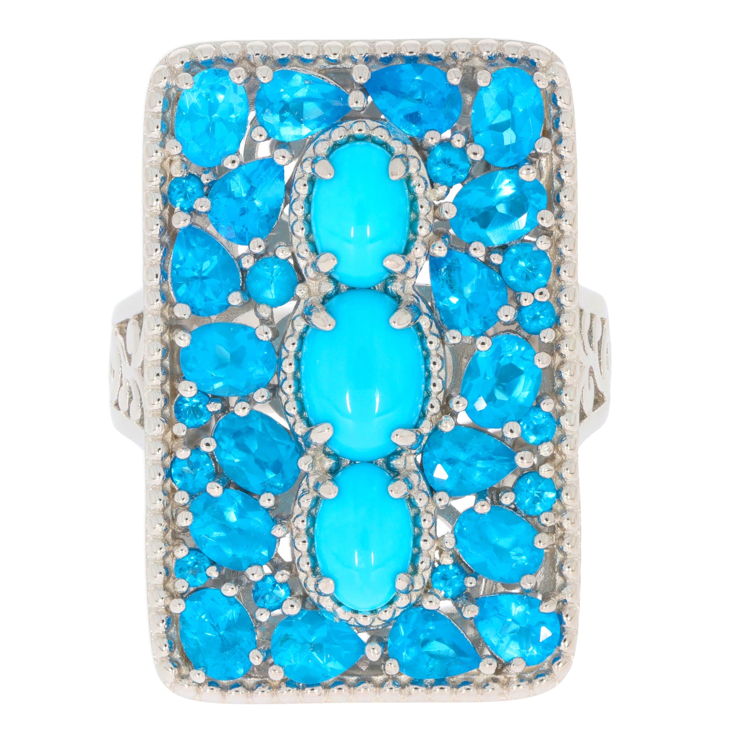 Oval blue turquoise sterling silver ring with gemstone accents, showcasing vibrant blue hues and exquisite craftsmanship.