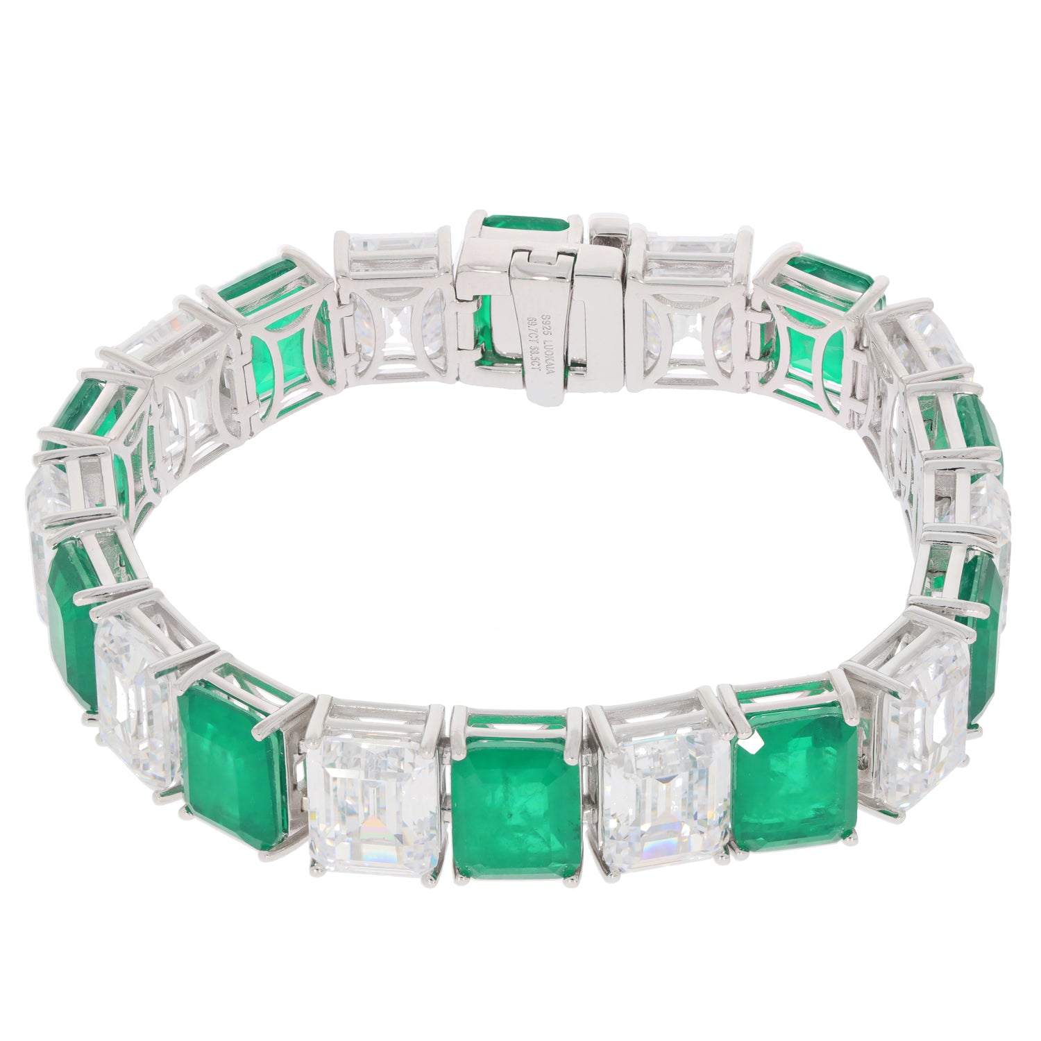 Green Emerald Sterling Silver Bracelet with Moissanite accents, showcasing elegant design and luxurious gemstones.