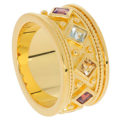 Golden ring featuring vibrant square gemstones, including amethyst, citrine, and topaz, designed for elegance and luxury.