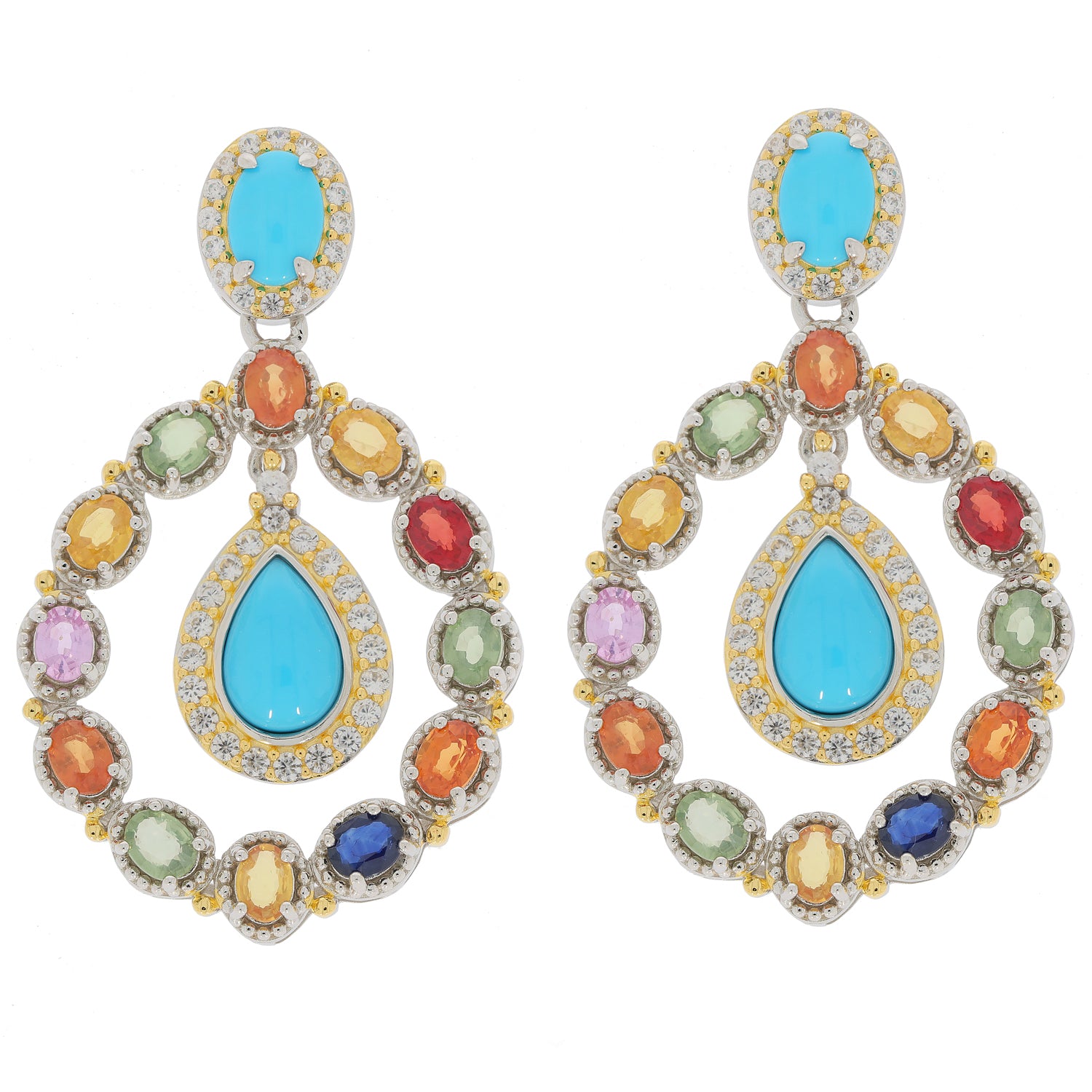 Elegant Pear Blue Turquoise and multi-colored gemstone earrings set in silver, perfect for adding luxury and style.