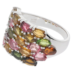 Multiple color tourmaline sterling silver ring featuring an elegant design with sparkling gemstones.