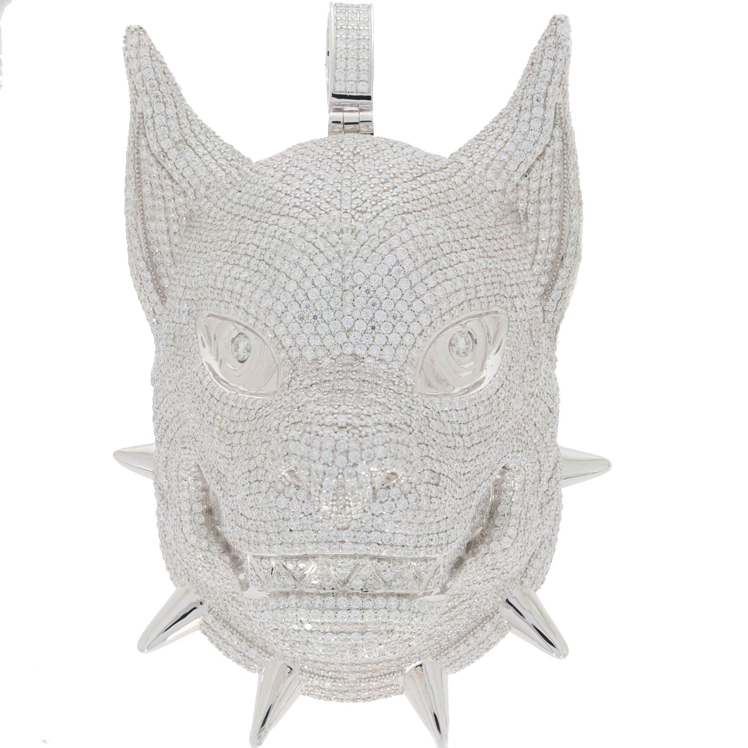 Sparkling diamond-encrusted wolf head pendant with spike accents, exuding luxury and elegance.