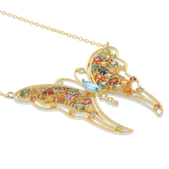 Marquise multiple color sapphire sterling silver necklace with elegant butterfly design and colorful gemstone accents.