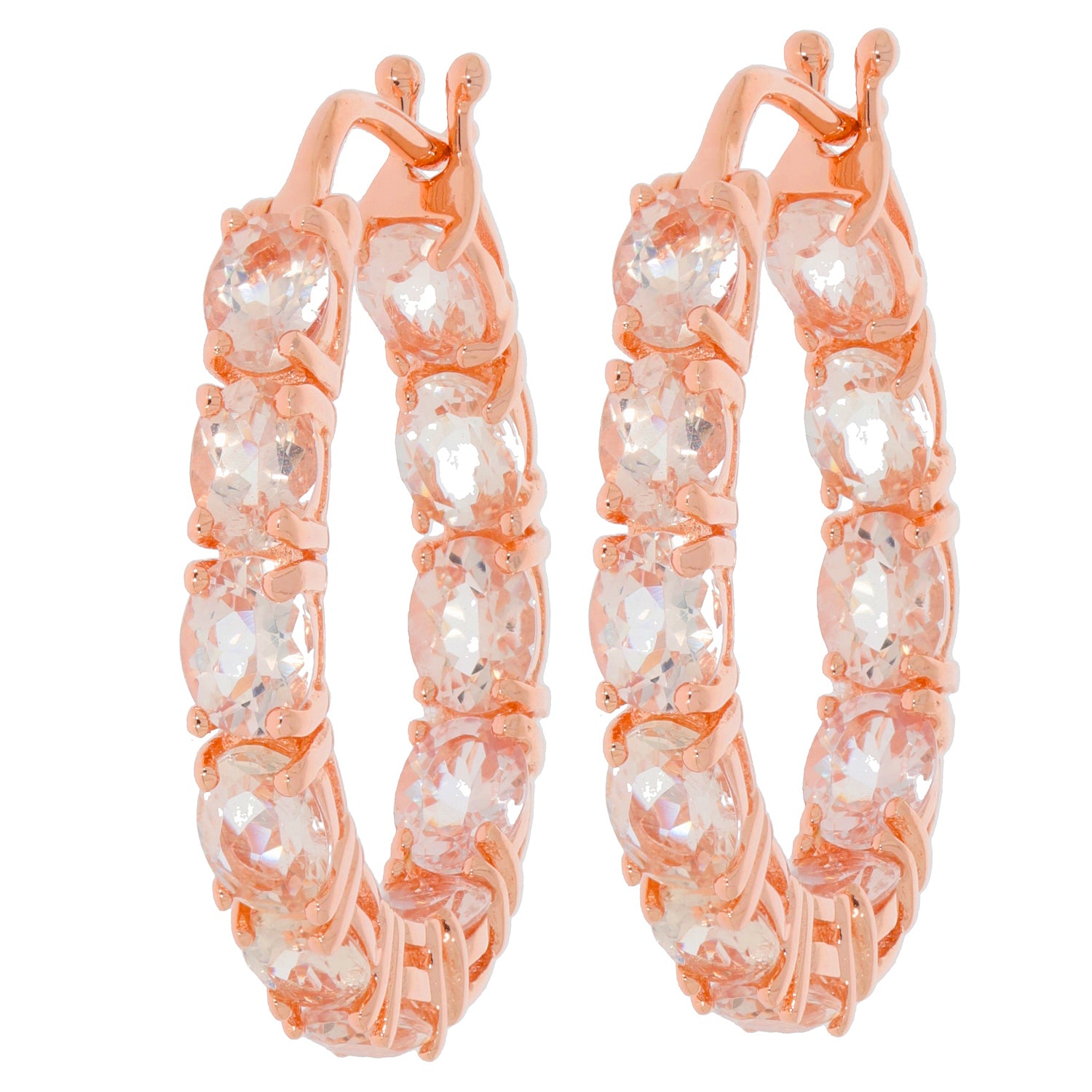 Elegant rose gold hoop earrings featuring sparkling clear gemstones, perfect for adding glamour to any outfit.