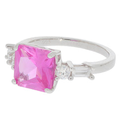 Emerald cut pink sapphire sterling silver ring with accent stones for elegant jewelry collection.