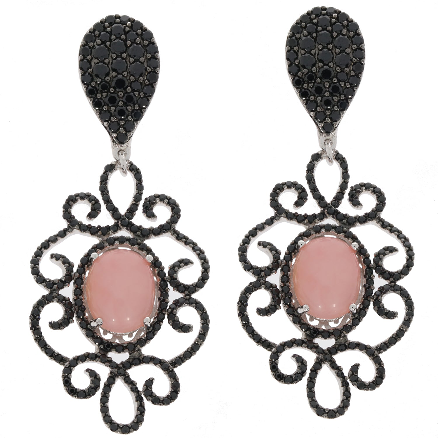 Oval pink Quartz earrings with Spinel accents in a decorative silver design, perfect for elegant style.