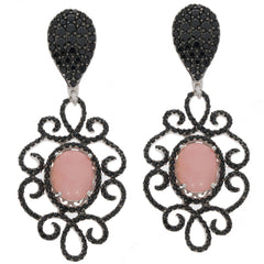 Oval pink Quartz earrings with Spinel accents in a decorative silver design, perfect for elegant style.
