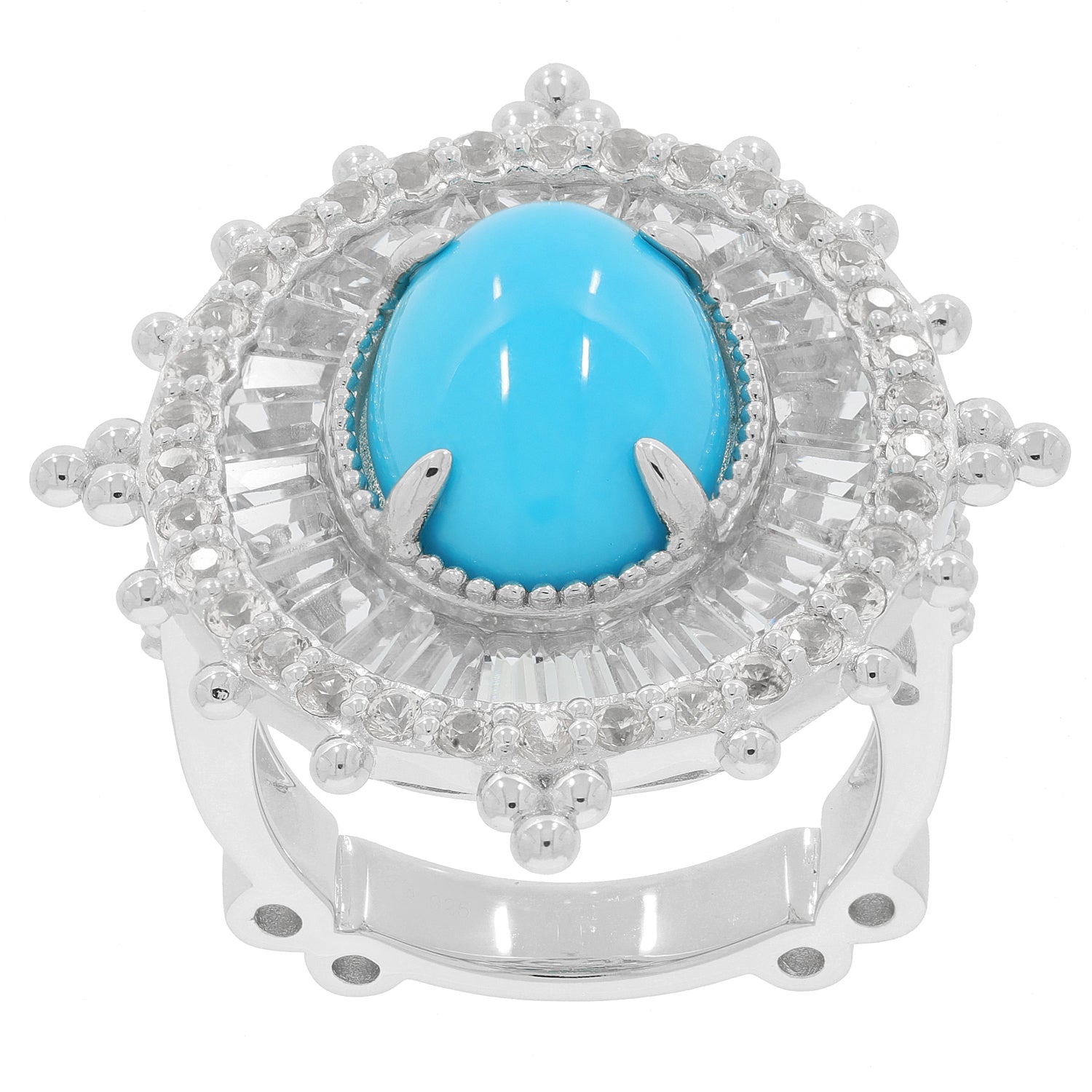 Oval blue turquoise sterling silver ring adorned with gemstones, showcasing luxury and elegance.