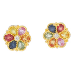 Colorful sapphire sterling silver earrings with a floral design and sparkling accent gemstone.