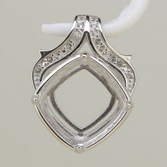 Sterling Silver Semi Mount Pendant Setting Cushion Cu 16x16mm Halo White Topaz