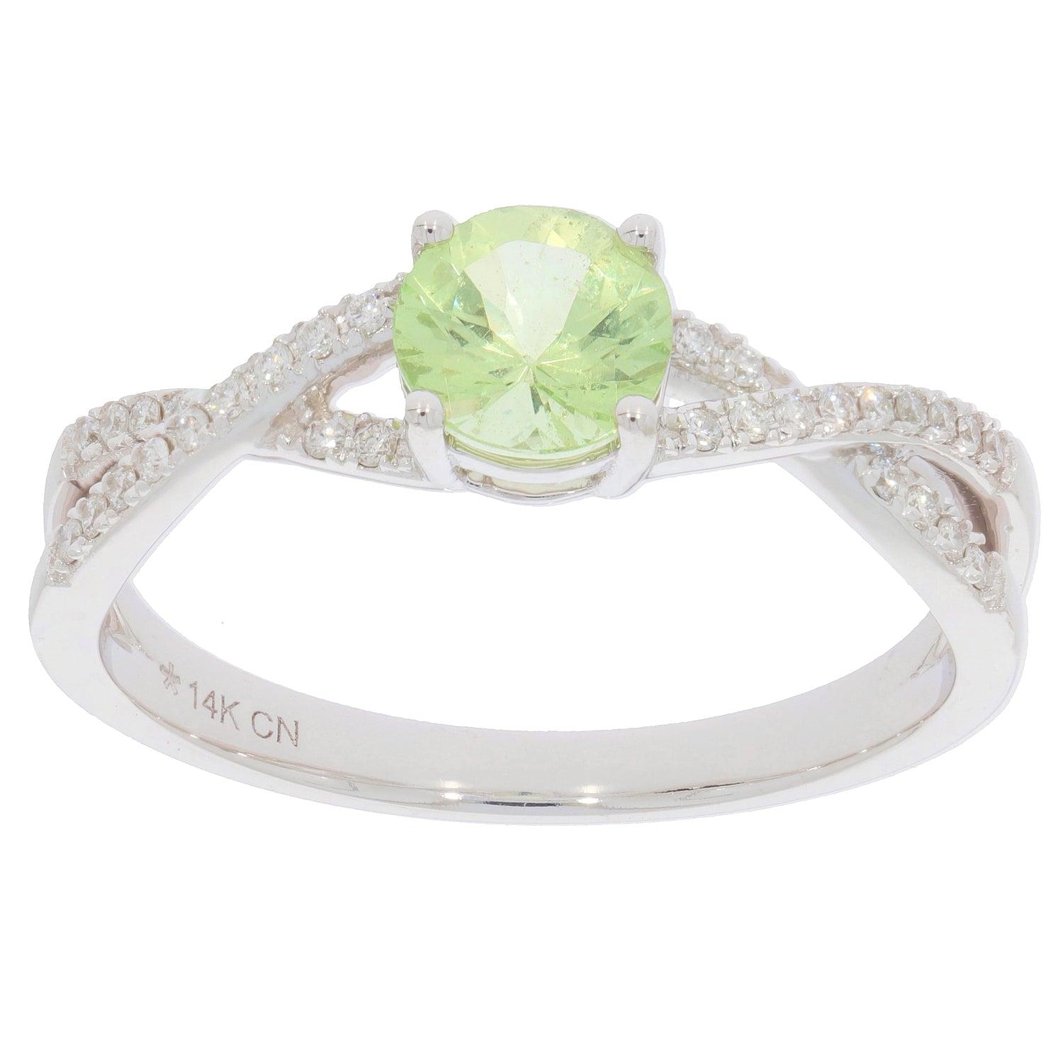 Green Peridot ring in 14K white gold with diamond accents, perfect for elegant style and luxury.