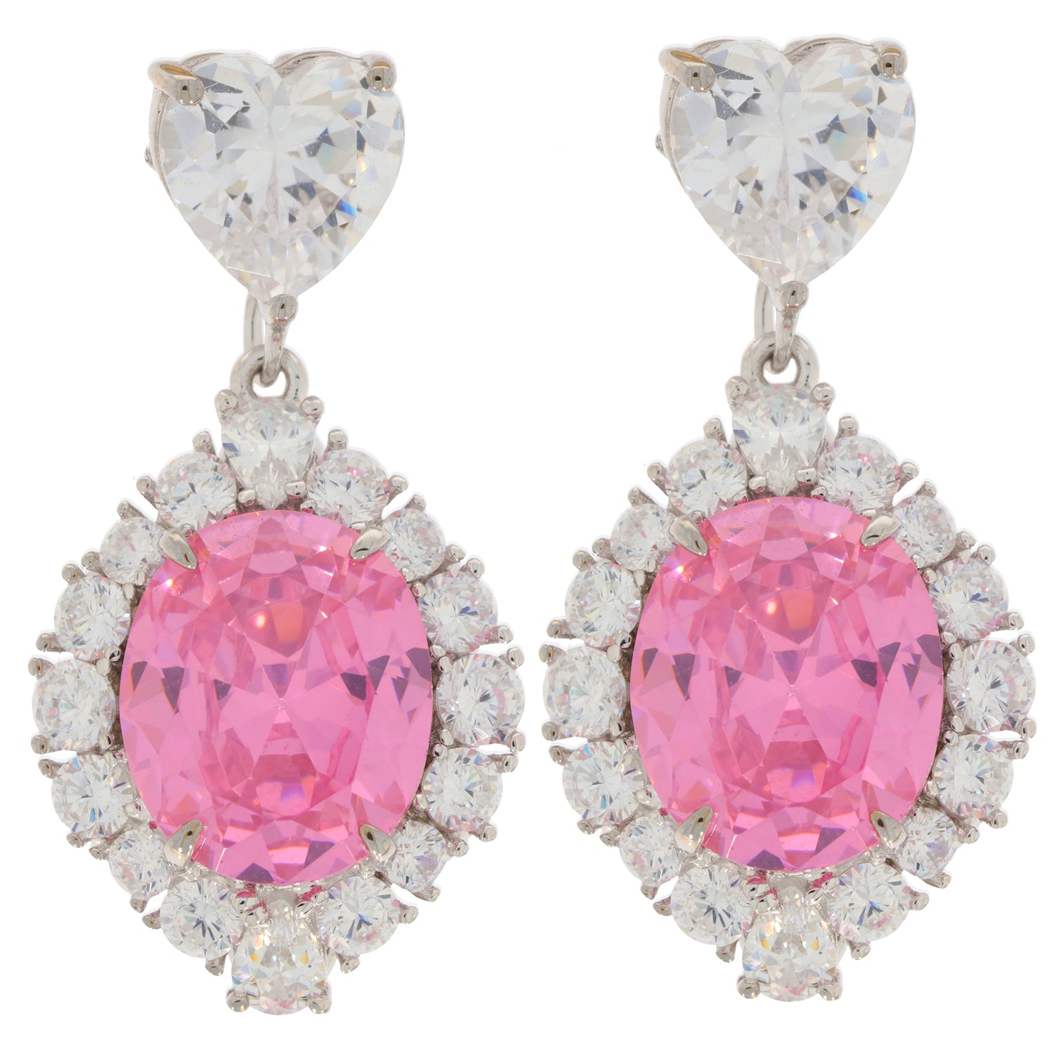 Elegant pink sapphire drop earrings with heart-shaped accents and sparkling white gemstones.