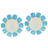 Round white opal sterling silver earrings with turquoise accent gemstones radiating elegance and luxury.