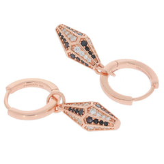 Black diamond and silver earrings featuring a unique geometric design, adorned with sparkling rhinestones in rose gold.