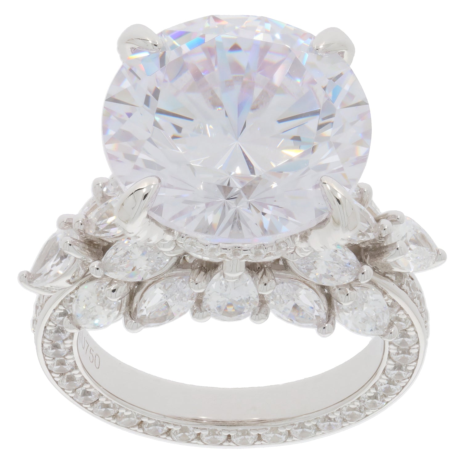 Round white Moissanite sterling silver ring with accent gemstones, showcasing brilliance and elegance.