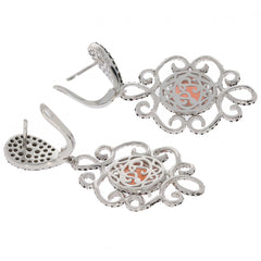 Elegant oval pink Quartz sterling silver earrings with intricate design and sparkling Spinel accents.