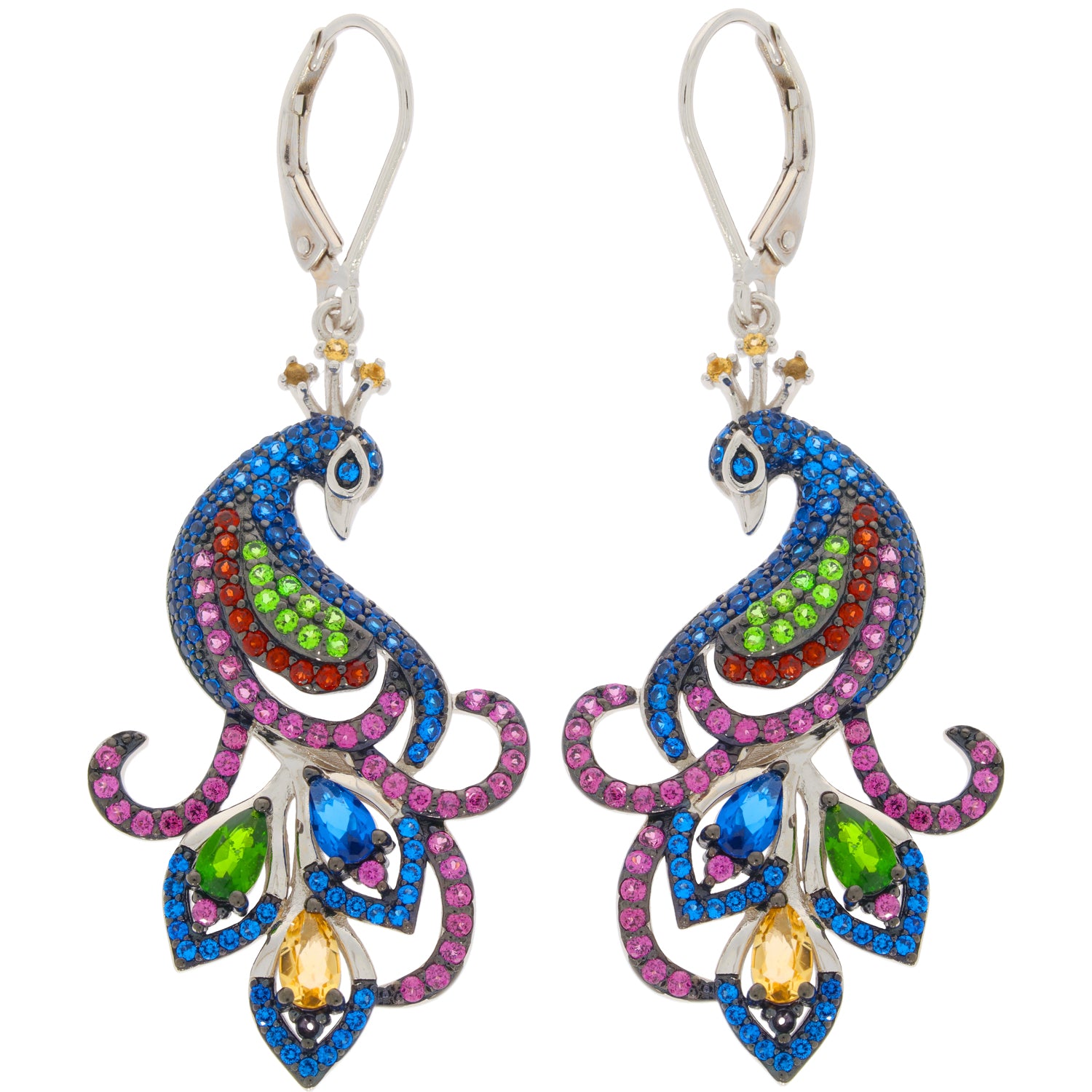 Colorful peacock earrings with vibrant gemstones in silver setting, perfect for adding elegance to any outfit.